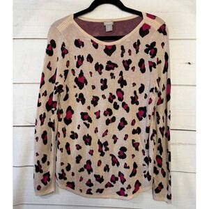 Chicos Leopard Print Long Sleeve Sweater Top Women Size 1‎ M Beige Pink Black